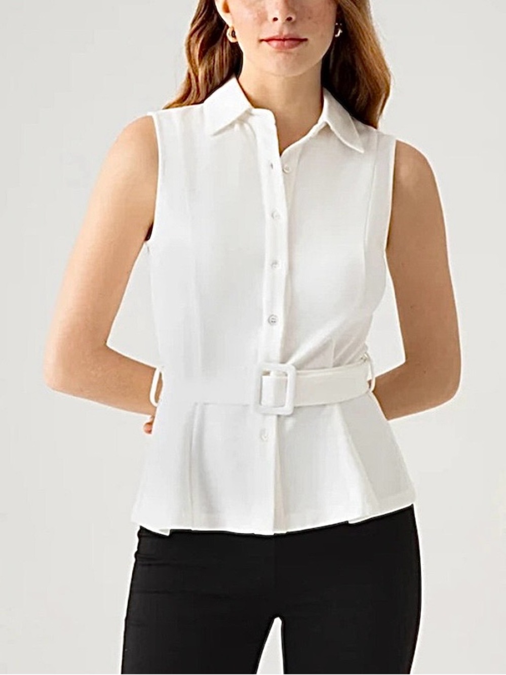 🆕-OGL-Belted Sleeveless Button Front Top. White. Size: Small